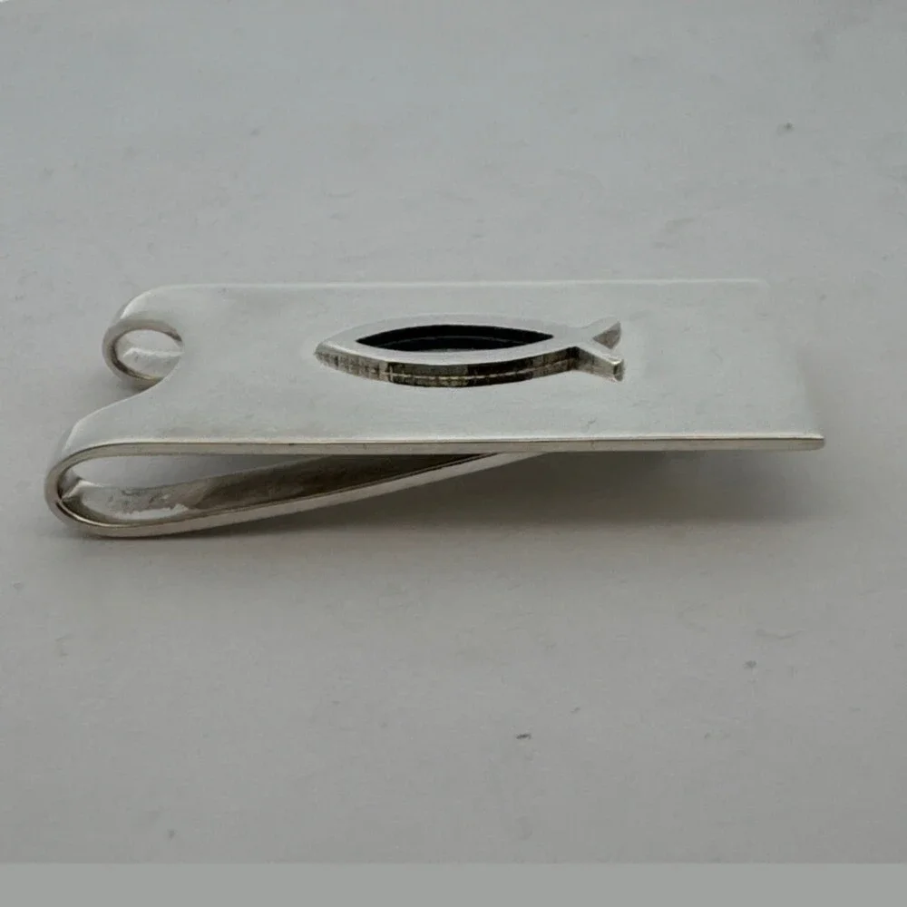 Estate 925 Sterling Silver Jesus Fish Ichthys Rectangular Small Money Clip